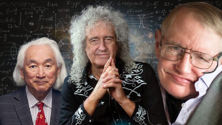 Collage of celebrities who studied for a physics degree with well-known physicists in front of a formula-filled background