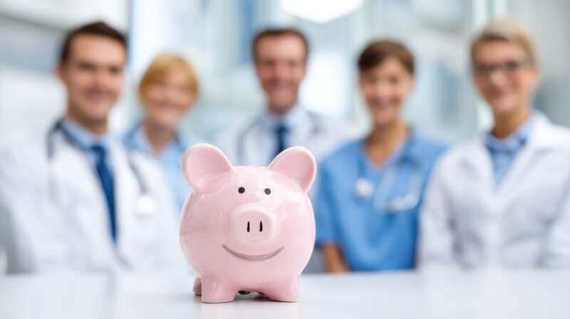 Pink piggy bank in front of a blurred group of healthcare professionals