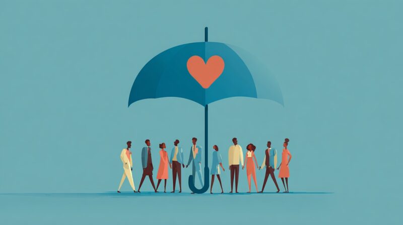 Illustration of diverse people standing under a large umbrella with a heart symbol