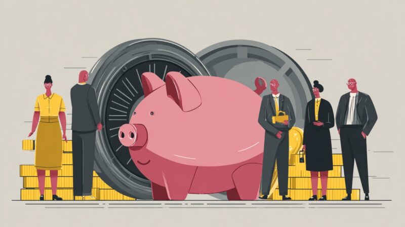 Illustration of a large piggy bank in front of a vault with people and stacks of coins around