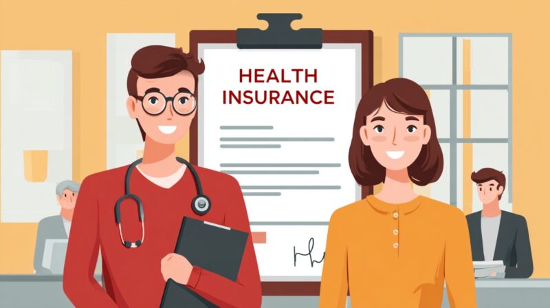 Illustration of a doctor and a patient standing in front of a clipboard labeled health insurance