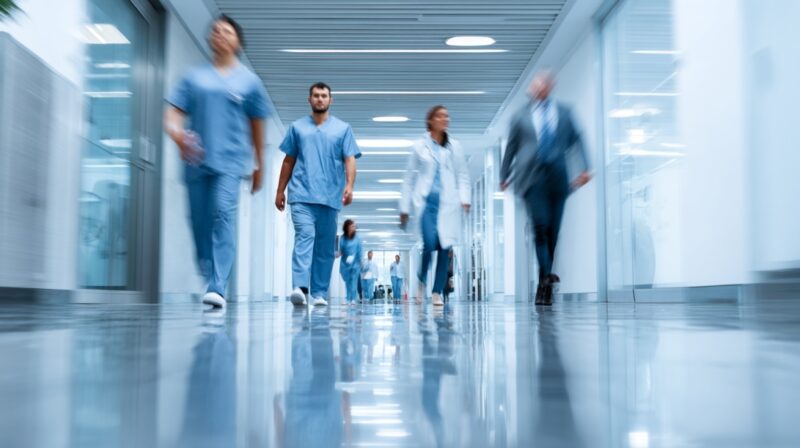 Medical staff walking through a hospital corridor with motion blur