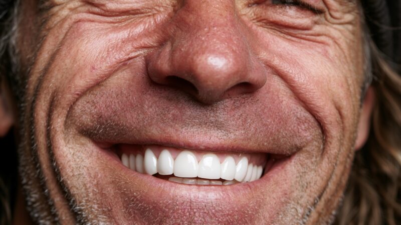 Close-up of a man smiling widely, showing very white, uniform teeth.