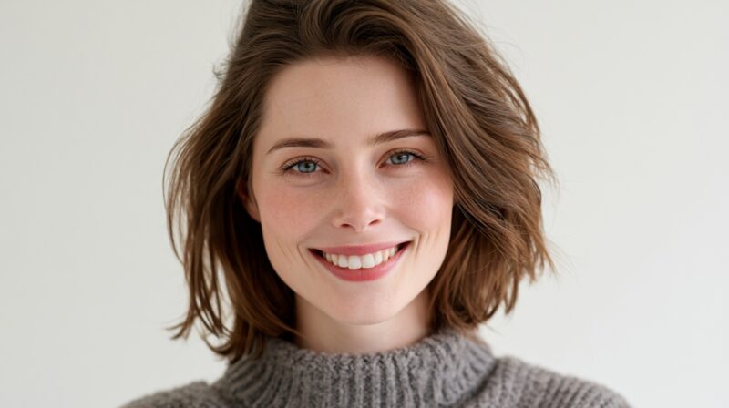 Portrait of a woman smiling gently against a light background, showing natural-looking teeth and a relaxed expression