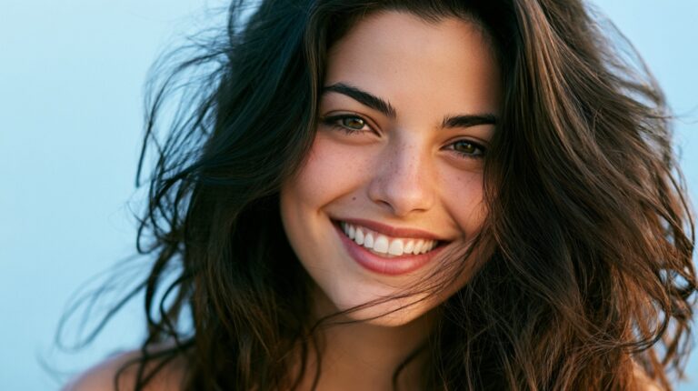 Close-up portrait of a woman smiling naturally with loose dark hair and a bright, relaxed expression.