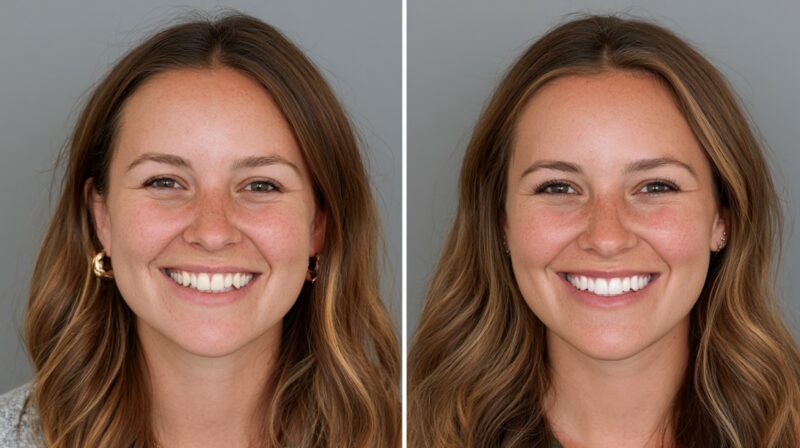 Before and after portrait of a woman smiling, showing a brighter and more balanced natural-looking smile.