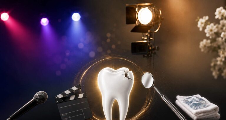 Cracked tooth surrounded by a microphone, film clapper, dental mirror, and stage lights.